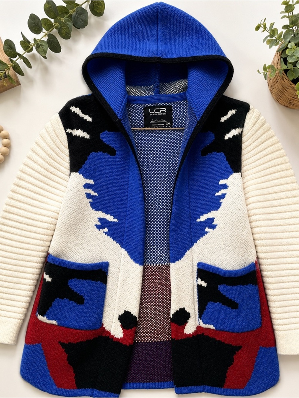 LCR Colorblock Hooded Knit Cardigan - Blue, Cream, Black, Red